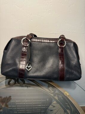 Brighton Black Pebbled Leather Satchel with Dark Brown Croc Trim
